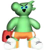 a green teddy bear is holding a red bag