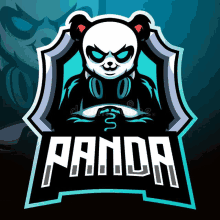 a panda bear wearing headphones and a shield with the word panda