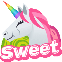 a unicorn with pink hair and a rainbow horn is surrounded by the word sweet