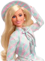 a barbie doll wearing a pink and blue plaid dress and hat