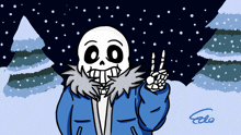 a cartoon drawing of a skeleton in a blue jacket giving a peace sign