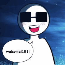 a cartoon character wearing sunglasses and a speech bubble that says welcome !!!