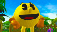 a cartoon character named pac man is standing in front of a fence