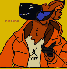 a drawing of a furry wearing an orange jacket and a t-shirt that says yiff