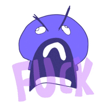 a cartoon drawing of a purple face and the word fuck