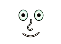 a cartoon face with green eyes , a nose and a smile .