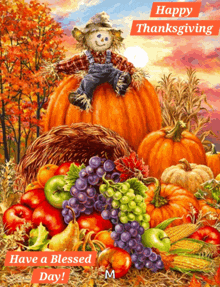 a scarecrow is sitting on top of a pumpkin surrounded by fruits and vegetables