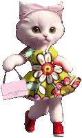 a white cat wearing a flowered dress and holding a pink purse