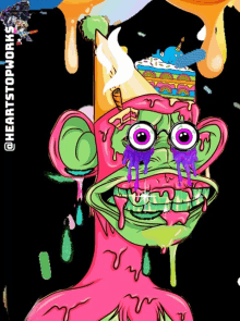 a cartoon of a monkey with a cake on his head and the words heartstopworks on the bottom