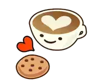 a cartoon drawing of a cup of coffee and a cookie with a heart in the middle