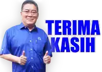 a man in a blue shirt giving a thumbs up next to a sign that says terima kasih