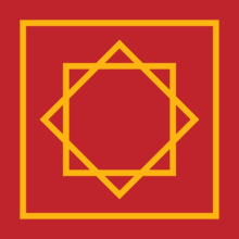 a red background with a yellow square and triangles