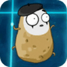 a cartoon potato wearing a beret and glasses is standing in front of a blue background .