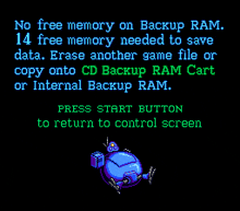 a computer screen that says no free memory on backup ram and 14 free memory needed to save data