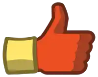 a red thumbs up icon with a yellow cuff