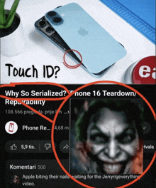 a screen shot of a youtube video about touch id