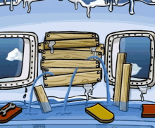 a cartoon drawing of a boat with a broken wooden plank