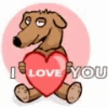 a cartoon dog is holding a heart and says `` i love you '' .