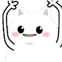 a white cat with pigtails and a smiling face is holding its ears up in the air .