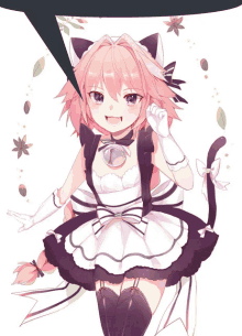 a girl with pink hair is wearing a cat maid outfit