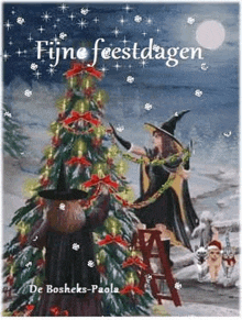 two witches are decorating a christmas tree in a painting .