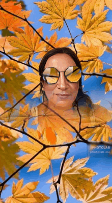 a woman wearing sunglasses is reflected in the leaves