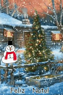 a snowman is standing in front of a christmas tree and says feliz natal