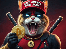 a cat is wearing a make america purr again hat and holding a bitcoin