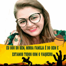 a woman wearing glasses is smiling in front of a yellow banner that says eu sou do bem