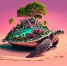 a sea turtle with a small island on its back .