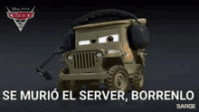 a cartoon jeep from cars 2 with a microphone on its head .