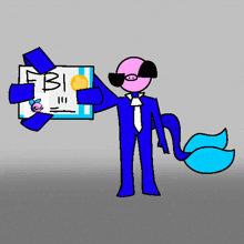 a cartoon character in a blue suit holding a sign that says fbi