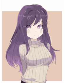 a girl with purple hair and purple eyes is wearing a sweater