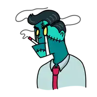 a cartoon of a man with stitches on his face is smoking a cigarette