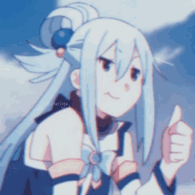 a girl with long white hair gives a thumbs up