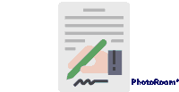 an icon of a hand signing a document with a green pen .