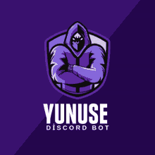 a logo for yunuse discord bot with a hooded figure on a purple background