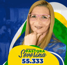 a poster for pastora severina 55.333 with a woman wearing glasses