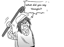 a black and white drawing of a person holding a stick and yelling .