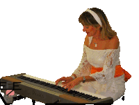 a woman sits at a privia keyboard with a white background