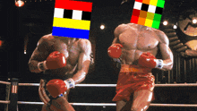 two boxers are fighting in a ring and one has a colorful face on