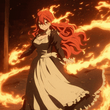 a girl with red hair is holding a flame in her hands