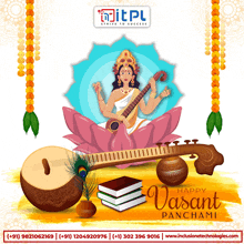 a poster for vasant panchami with a woman holding a guitar