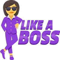 a woman in a purple suit is standing next to a sign that says like a boss