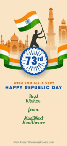 a happy republic day greeting card with a man holding a flag