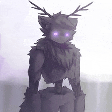 a drawing of a furry with antlers and purple eyes standing on a white background .