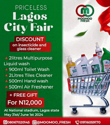 an advertisement for lagos city fair shows a shopping cart full of cleaning supplies