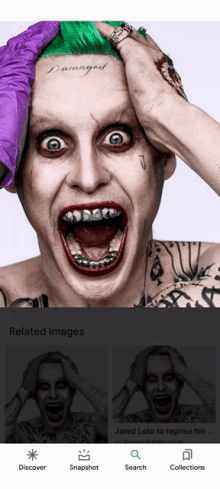 a screenshot of the joker 's face with the words related images on the bottom