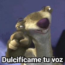 a cartoon character says " dulcificame tu voz " while pointing at the camera