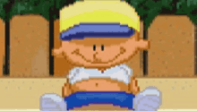 a pixel art of a boy sitting on the ground wearing a hat and smiling .